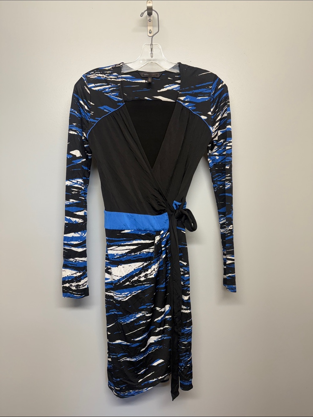 BCBGMaxAzria Black, Blue & White Wrap Midi Dress